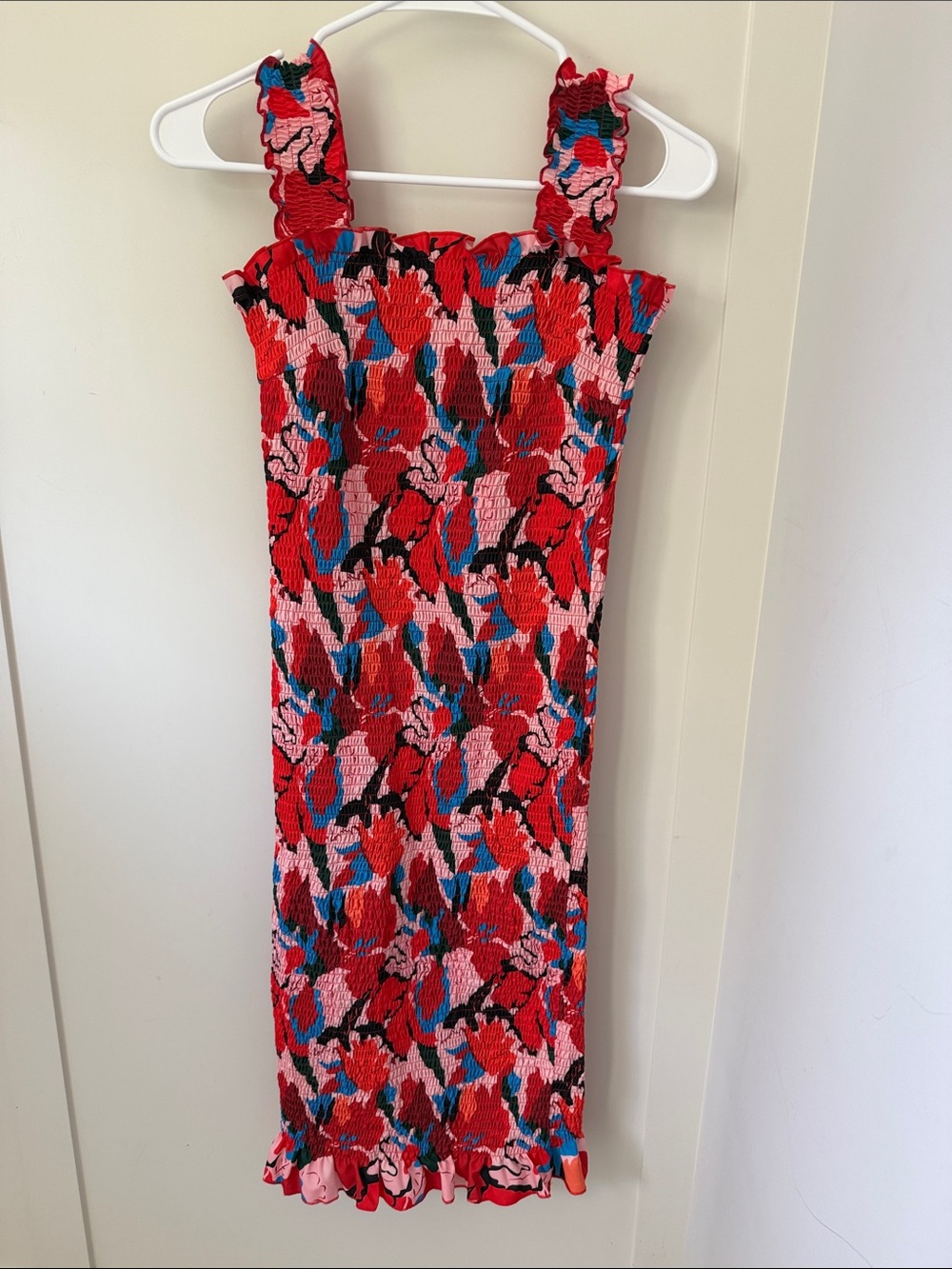 Sleeveless Red Floral Smocked Midi Dress